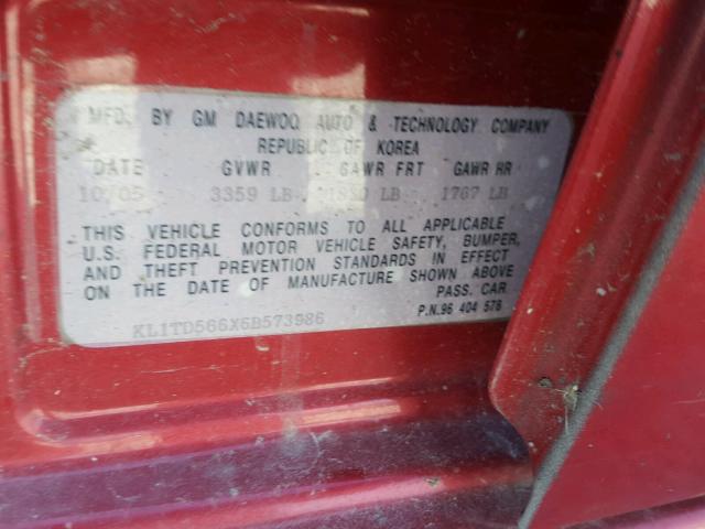KL1TD566X6B573986 - 2006 CHEVROLET AVEO BASE Qırmızı foto 10