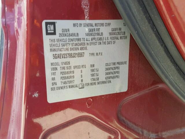 5GAEV23788J216567 - 2008 BUICK ENCLAVE CX RED photo 10