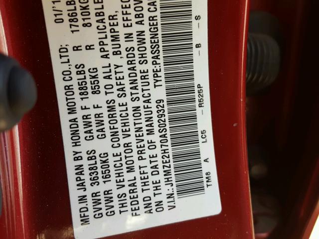 JHMZE2H70AS029329 - 2010 HONDA INSIGHT EX RED photo 10