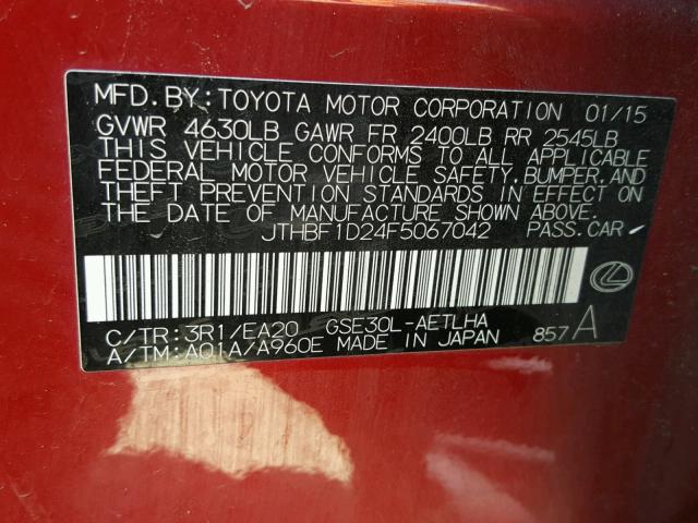 JTHBF1D24F5067042 - 2015 LEXUS IS 250 RED photo 10