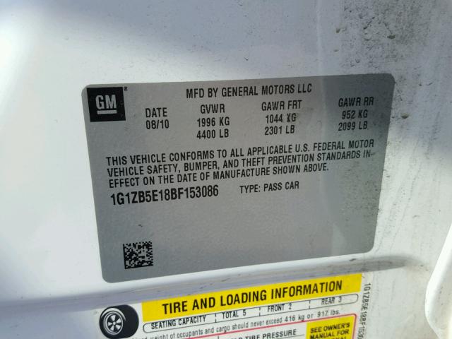 1G1ZB5E18BF153086 - 2011 CHEVROLET MALIBU LS WHITE photo 10