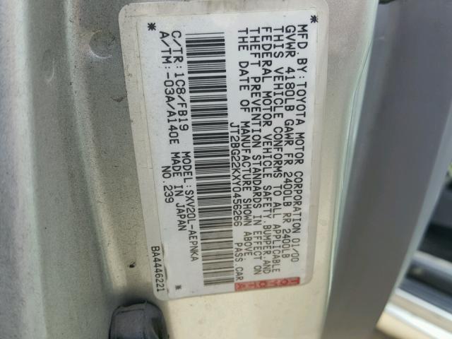 JT2BG22KXY0456266 - 2000 TOYOTA CAMRY CE 银色 照片 10