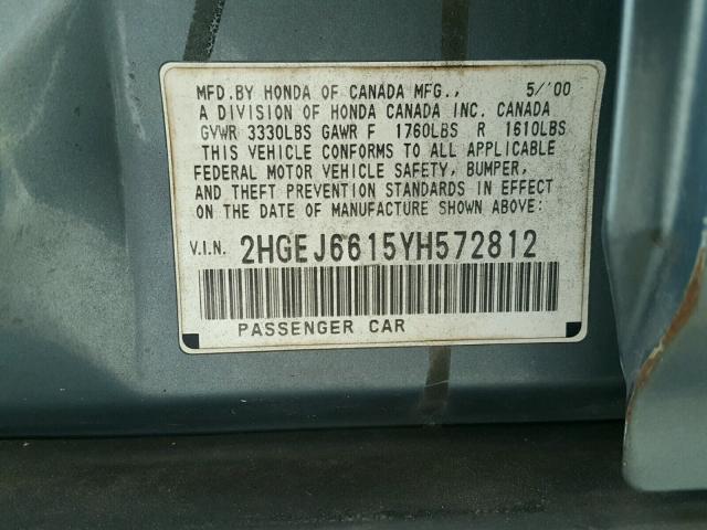 2HGEJ6615YH572812 - 2000 HONDA CIVIC BASE 绿色 照片 10