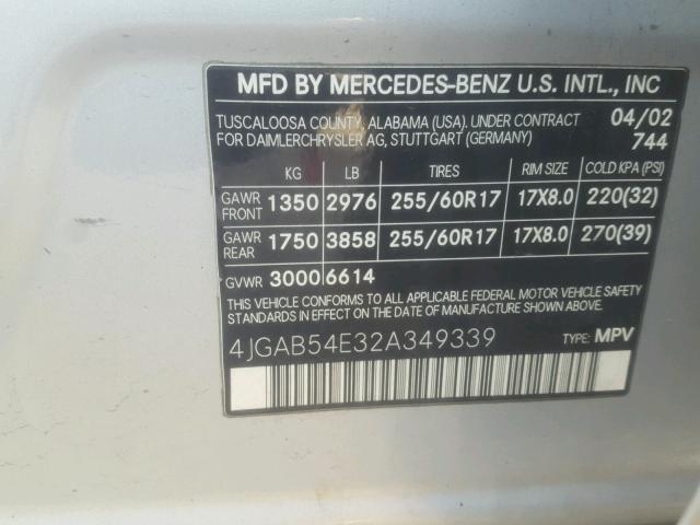 4JGAB54E32A349339 - 2002 MERCEDES-BENZ ML 320 SILVER photo 10