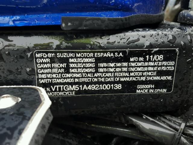 VTTGM51A492100138 - 2009 SUZUKI GS500 TWO TONE photo 10