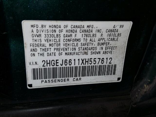 2HGEJ6611XH557612 - 1999 HONDA CIVIC BASE 绿色 照片 10