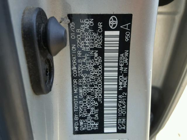 JTDKB20UX57006789 - 2005 TOYOTA PRIUS SILVER photo 10