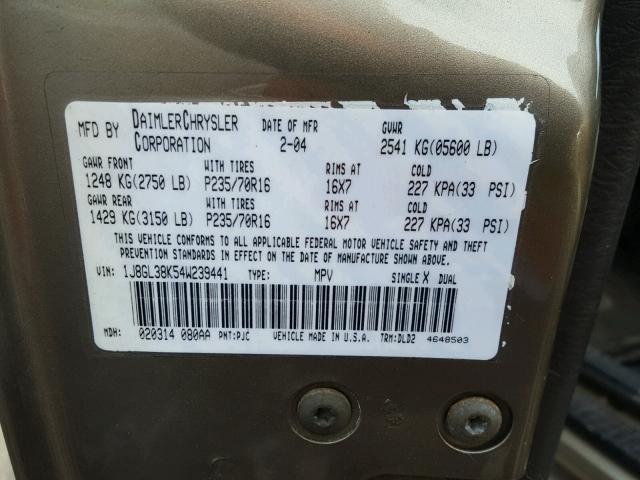 1J8GL38K54W239441 - 2004 JEEP LIBERTY RE GOLD photo 10