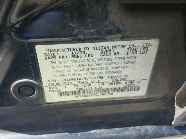 3N1AB51A74L740398 - 2004 NISSAN SENTRA 2.5 BLACK photo 10