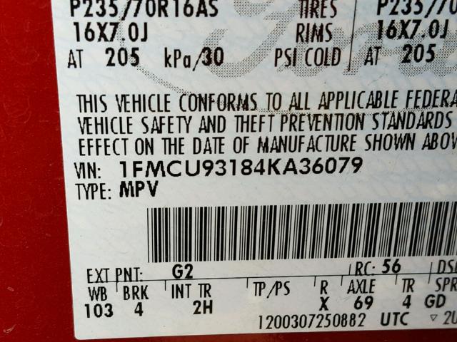 1FMCU93184KA36079 - 2004 FORD ESCAPE XLT RED photo 10