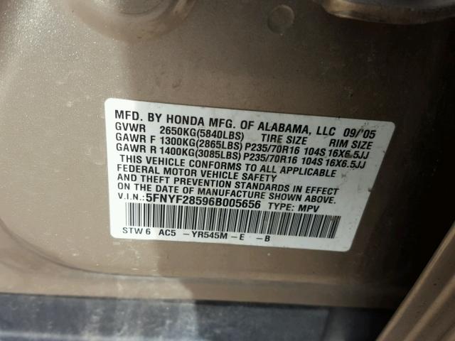 5FNYF28596B005656 - 2006 HONDA PILOT EX GOLD photo 10