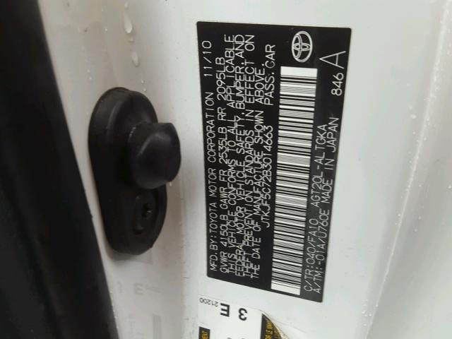 JTKJF5C72B3014663 - 2011 TOYOTA SCION TC 白色 照片 10