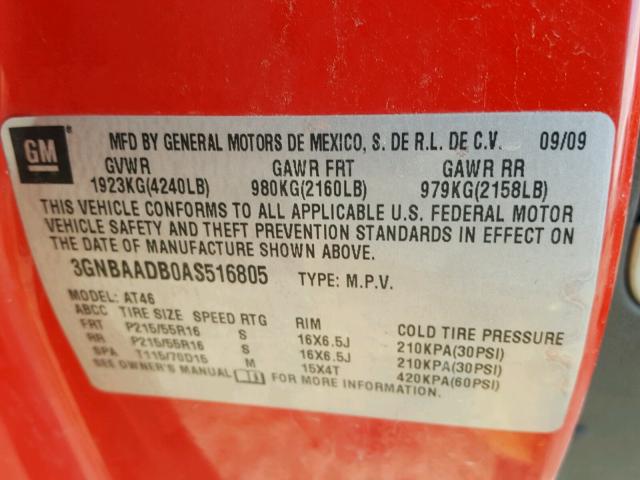 3GNBAADB0AS516805 - 2010 CHEVROLET HHR LS RED photo 10