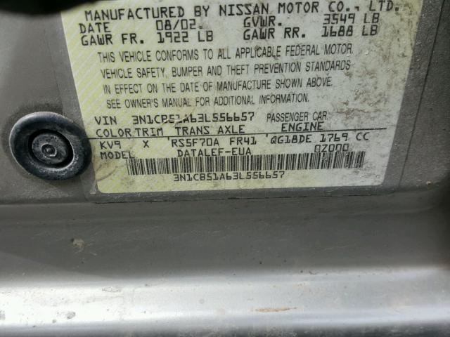 3N1CB51A63L556657 - 2003 NISSAN SENTRA GXE GRAY photo 10