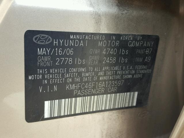 KMHFC46F16A123597 - 2006 HYUNDAI AZERA SE TAN photo 10