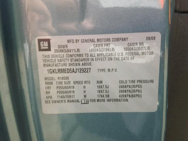1GKLRMED5AJ129227 - 2010 GMC ACADIA SLT მწვანე ფოტო 10