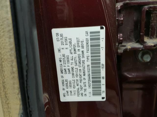 1HGCP26448A162378 - 2008 HONDA ACCORD LXP BURGUNDY photo 10