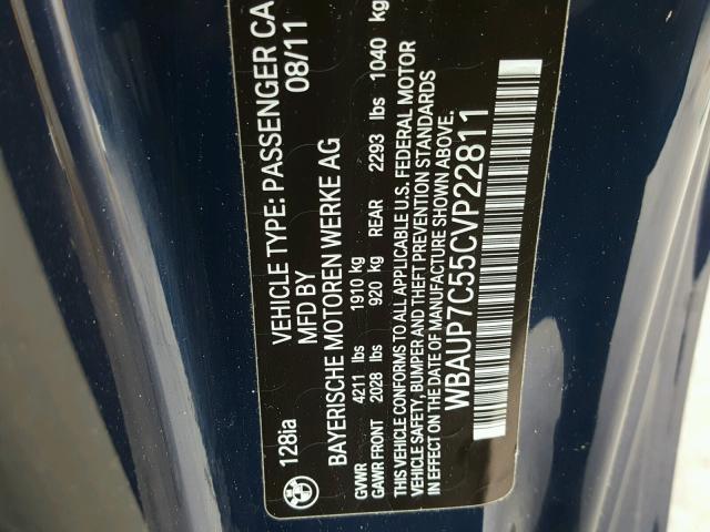 WBAUP7C55CVP22811 - 2012 BMW 128 I BLUE photo 10