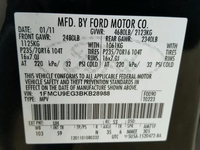 1FMCU9EG3BKB28988 - 2011 FORD ESCAPE LIM BLACK photo 10