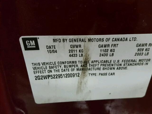 2G2WP522951200912 - 2005 PONTIAC GRAND PRIX MAROON photo 10