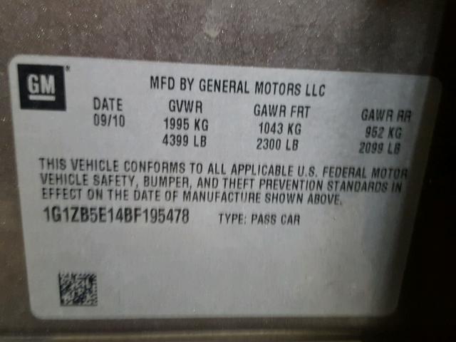 1G1ZB5E14BF195478 - 2011 CHEVROLET MALIBU LS 棕色 照片 10