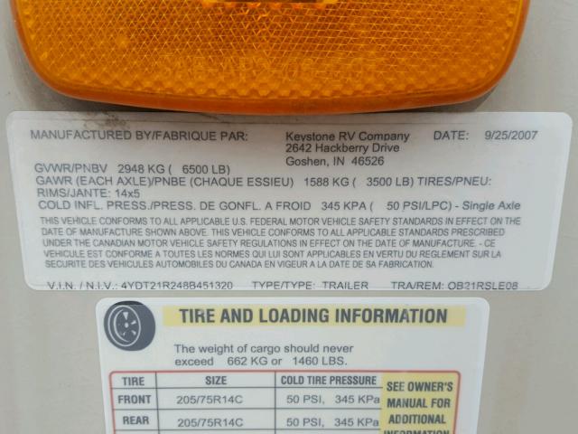 4YDT21R248B451320 - 2008 KEYSTONE OUTBACK WHITE photo 10