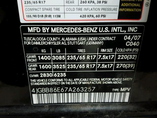 4JGBB86E67A263257 - 2007 MERCEDES-BENZ ML350 BLACK photo 10