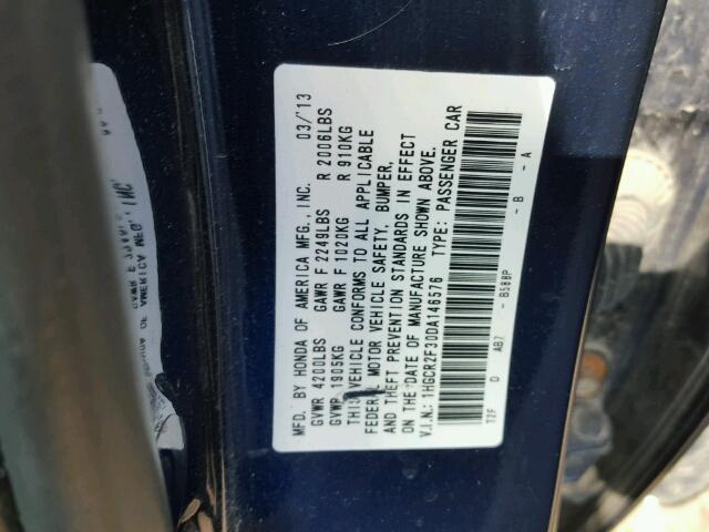 1HGCR2F30DA146576 - 2013 HONDA ACCORD LX BLUE photo 10