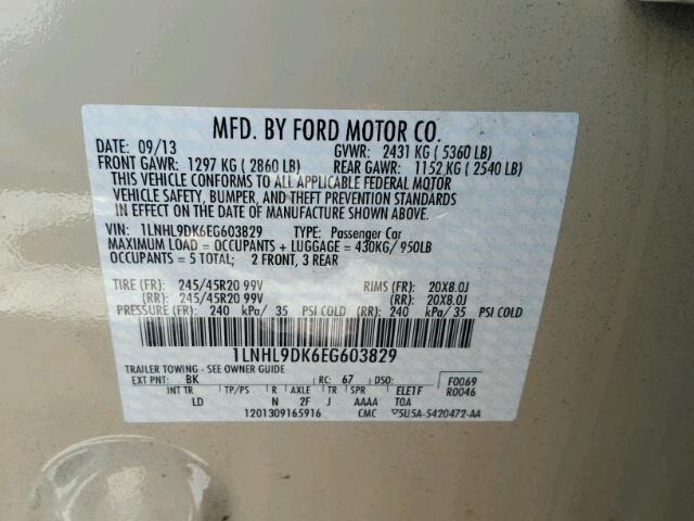 1LNHL9DK6EG603829 - 2014 LINCOLN MKS CREAM photo 10