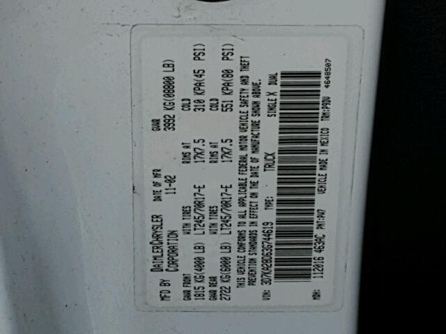 3D7KA28D63G744619 - 2003 DODGE RAM 2500 S WHITE photo 10