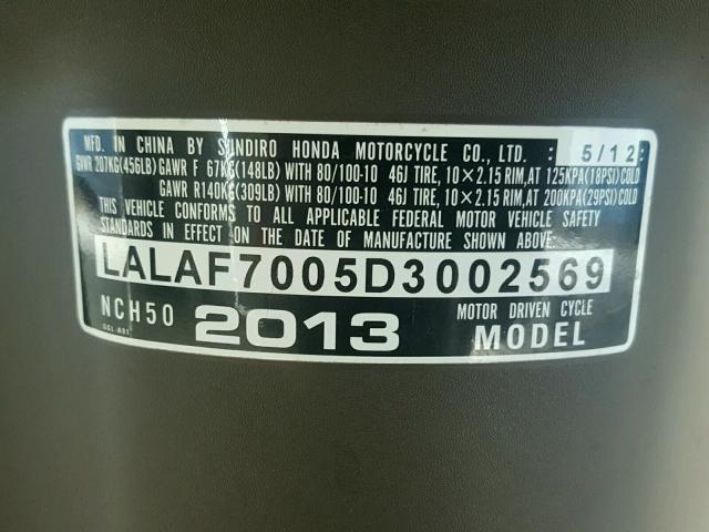 LALAF7005D3002569 - 2013 HONDA NCH50 WHITE photo 10