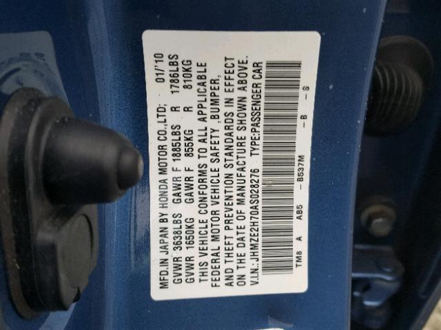 JHMZE2H70AS028276 - 2010 HONDA INSIGHT BLUE photo 10