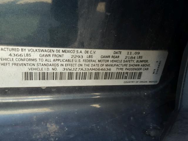 3VWJZ7AJ3AM064636 - 2010 VOLKSWAGEN JETTA S 蓝色 照片 10