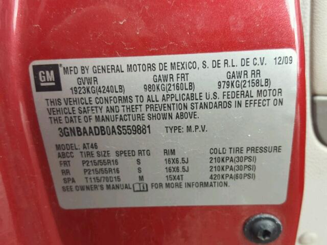 3GNBAADB0AS559881 - 2010 CHEVROLET HHR LS BURGUNDY photo 10