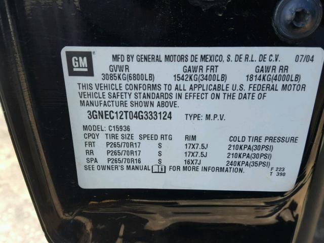 3GNEC12T04G333124 - 2004 CHEVROLET AVALANCHE BLACK photo 10