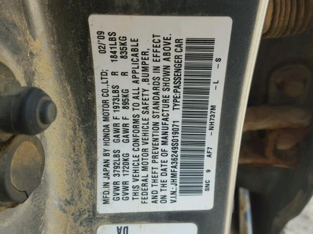 JHMFA36249S019071 - 2009 HONDA CIVIC HYBR GRAY photo 10