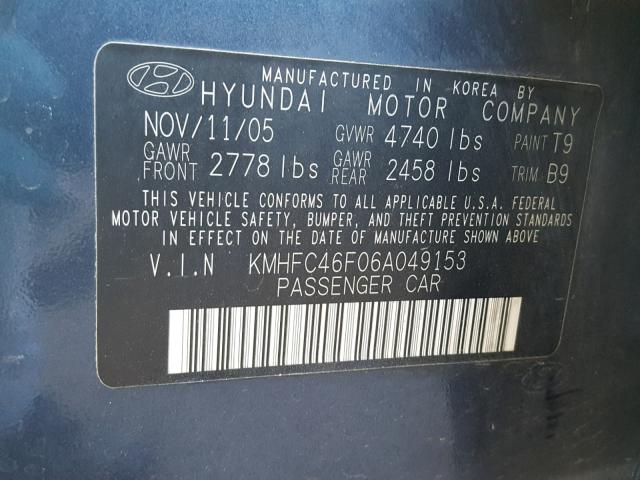 KMHFC46F06A049153 - 2006 HYUNDAI AZERA SE BLUE photo 10