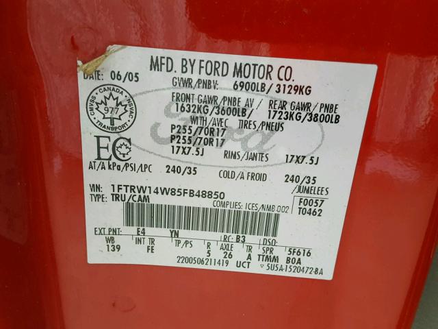 1FTRW14W85FB48850 - 2005 FORD F150 SUPER RED photo 10