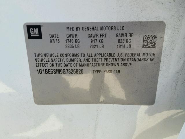 1G1BE5SM9G7326820 - 2016 CHEVROLET CRUZE LT WHITE photo 10