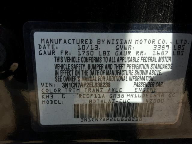 3N1CN7AP2EL838238 - 2014 NISSAN VERSA BLACK photo 10