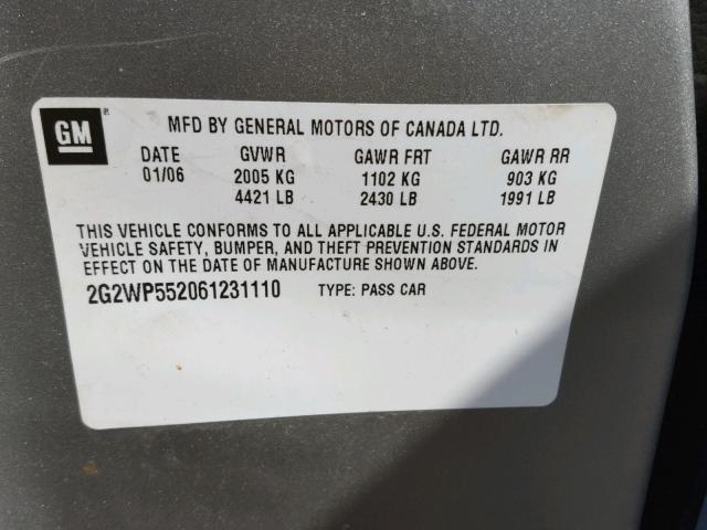 2G2WP552061231110 - 2006 PONTIAC GRAND PRIX SILVER photo 10