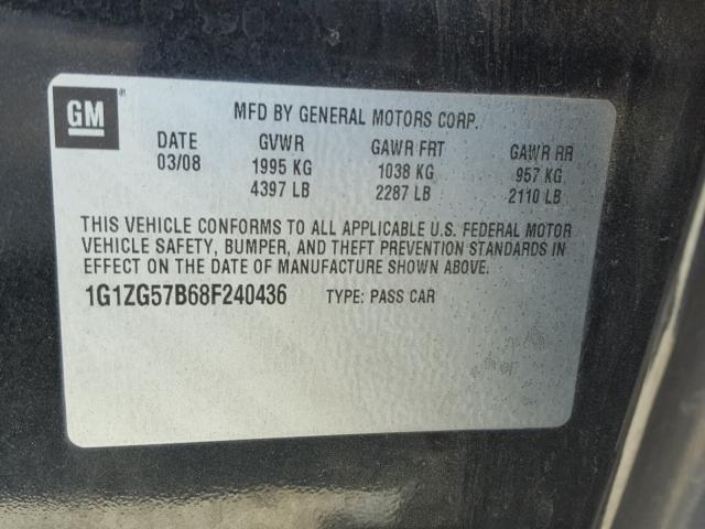 1G1ZG57B68F240436 - 2008 CHEVROLET MALIBU LS გრაფიტი ფოტო 10