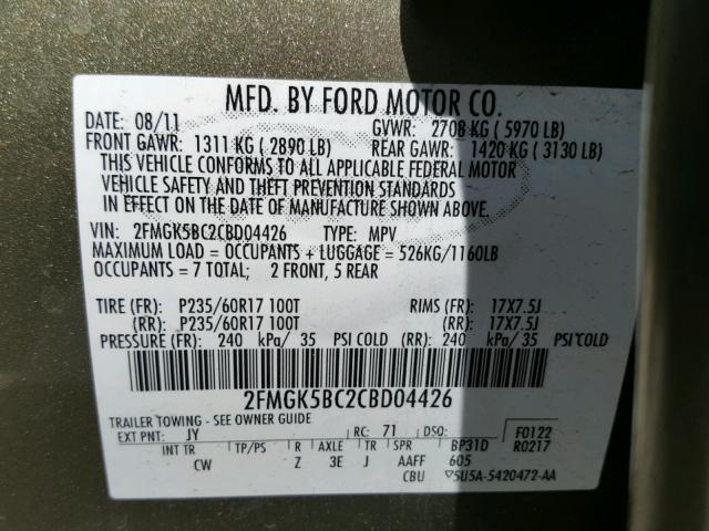 2FMGK5BC2CBD04426 - 2012 FORD FLEX SE GREEN photo 10