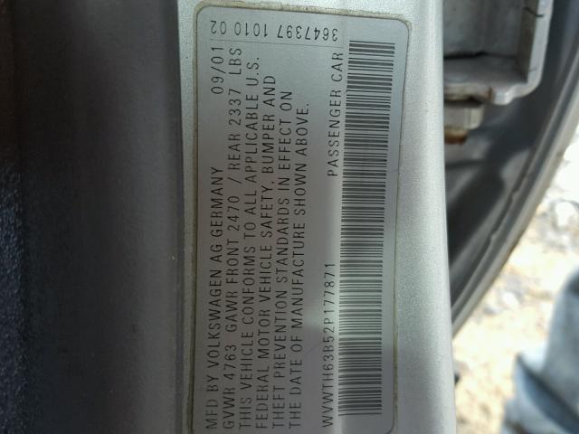 WVWTH63B52P177871 - 2002 VOLKSWAGEN PASSAT GLX 银色 照片 10