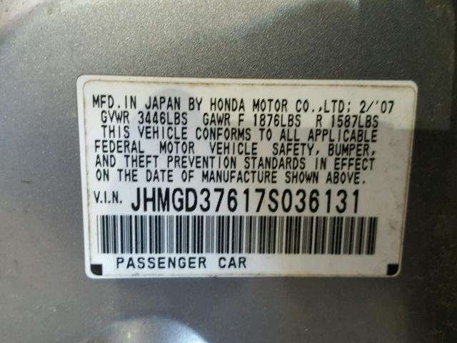 JHMGD37617S036131 - 2007 HONDA FIT S GRAY photo 10