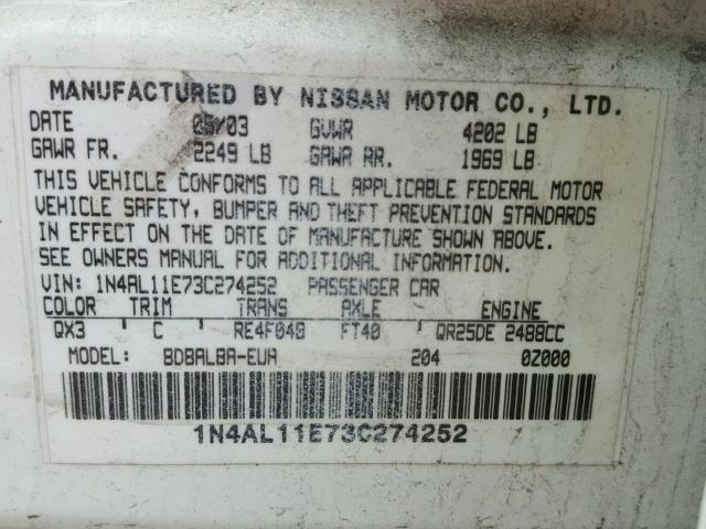 1N4AL11E73C274252 - 2003 NISSAN ALTIMA BAS WHITE photo 10