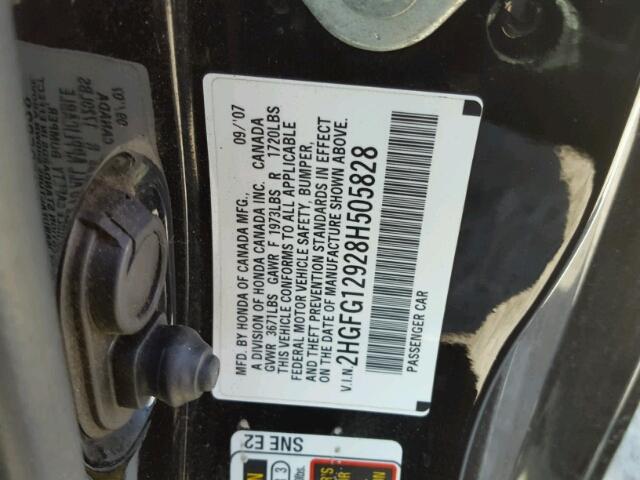 2HGFG12928H505828 - 2008 HONDA CIVIC EXL BLACK photo 10