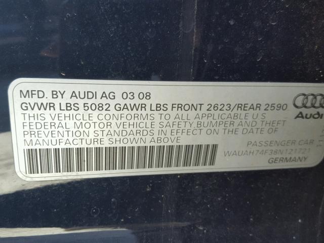 WAUAH74F38N121721 - 2008 AUDI A6 3.2 BLUE photo 10