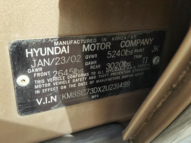 KM8SC73DX2U231499 - 2002 HYUNDAI SANTA FE TAN photo 10