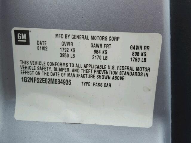 1G2NF52E02M634936 - 2002 PONTIAC GRAND AM S SILVER photo 10